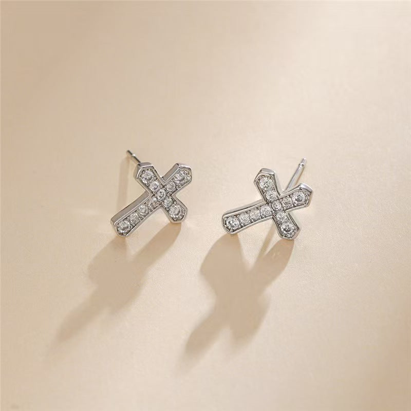 Korean Zircon Cross Stud Earrings – Unisex